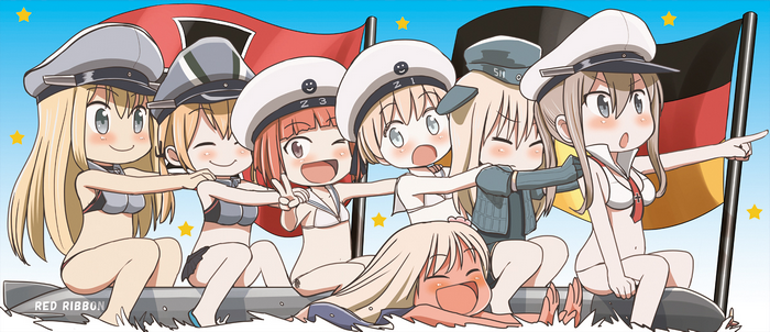 Kancolle characters on a torpedo with German flags
