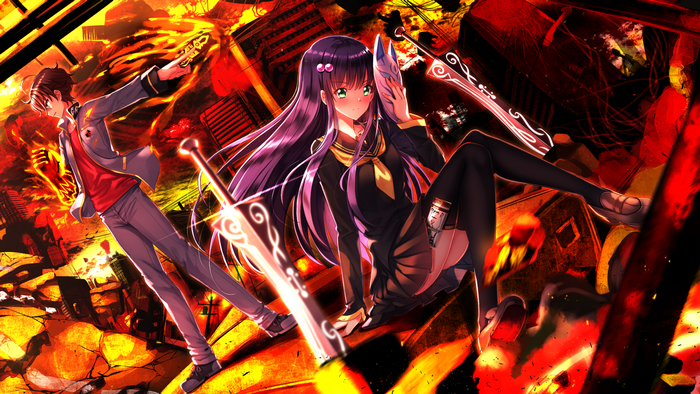 Benio Adashino with a male companion in a fiery setting