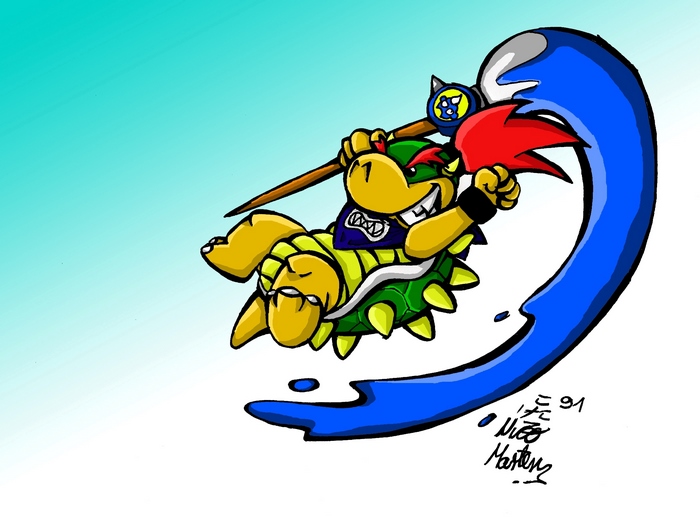 Bowser Jr. riding a wave with a trident