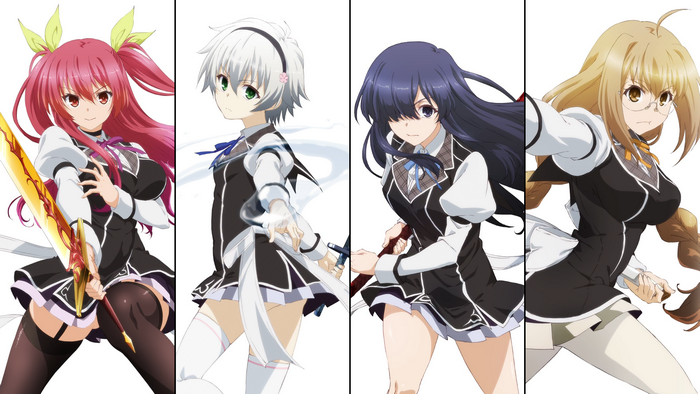 Four female anime characters in school uniforms