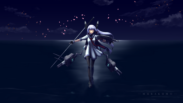 Murakumo from Kancolle standing in water at night