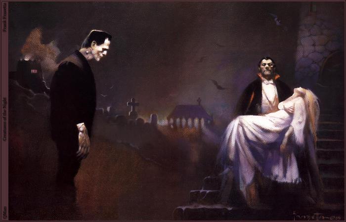 Frankenstein and Dracula with a woman in a graveyard