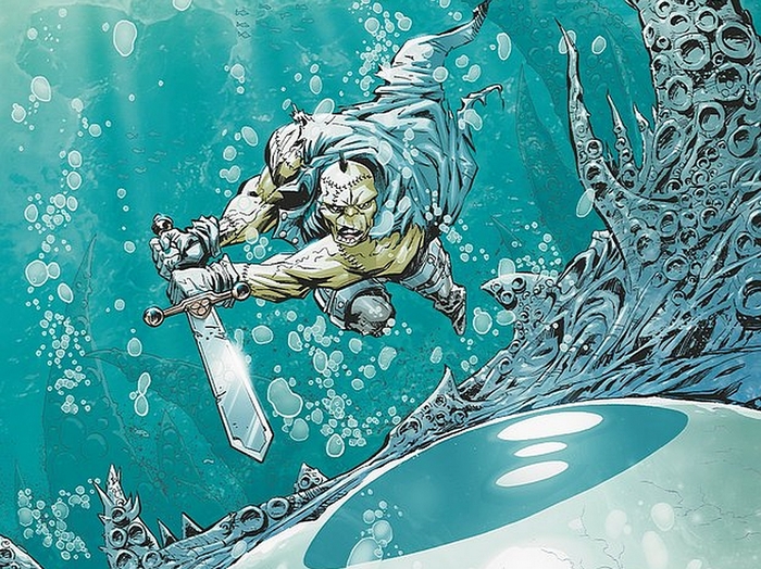 Frankenstein underwater with sword