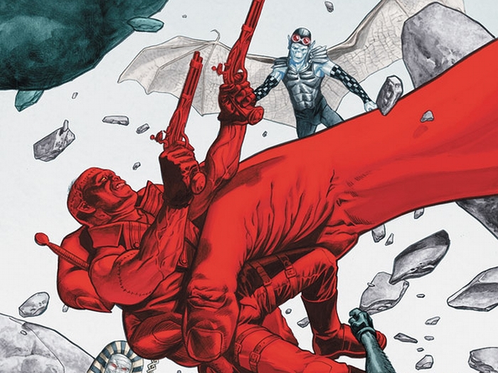 Frankenstein fighting a winged creature