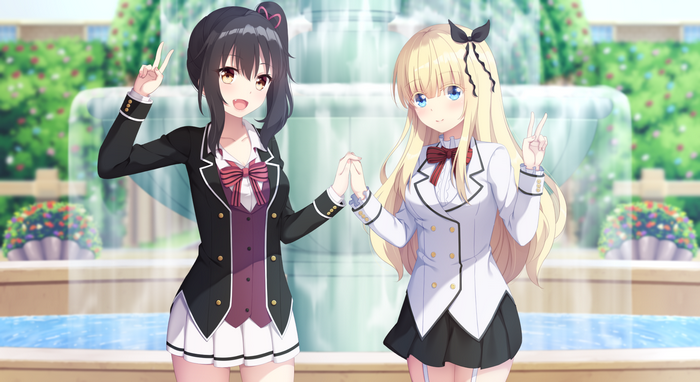 Two anime girls in school uniforms by a fountain