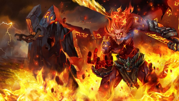 Wukong from League of Legends in a fiery battle