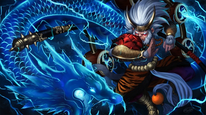 Wukong from League of Legends with a blue dragon