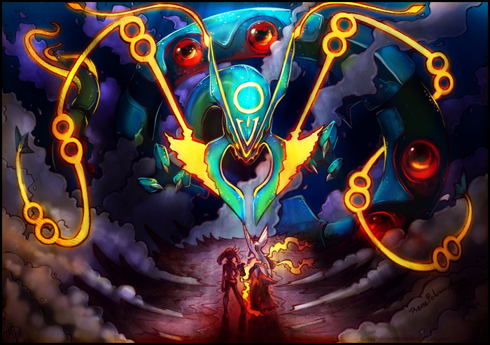 Mega Rayquaza and two trainers