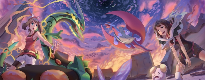 May and Aura from Pokemon with Rayquaza and Salamence