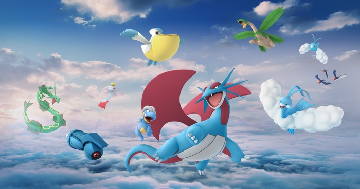 Pokemon flying in the sky with clouds