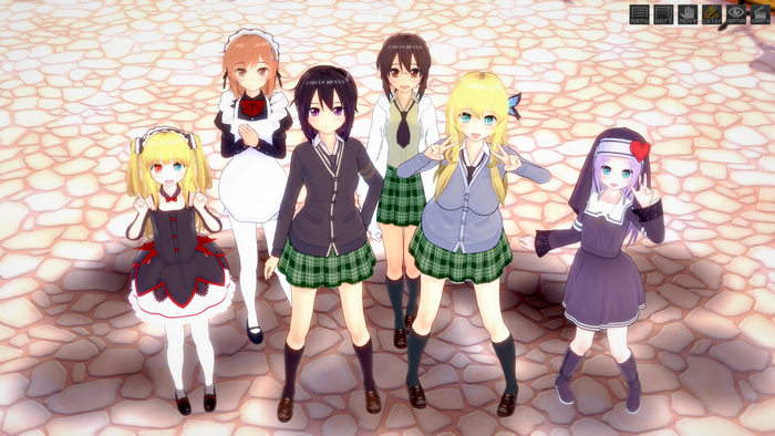 Six anime girls in various outfits standing together