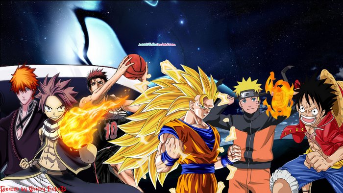 Anime characters Ichigo, Natsu, Kagami, Goku, Naruto, and Luffy