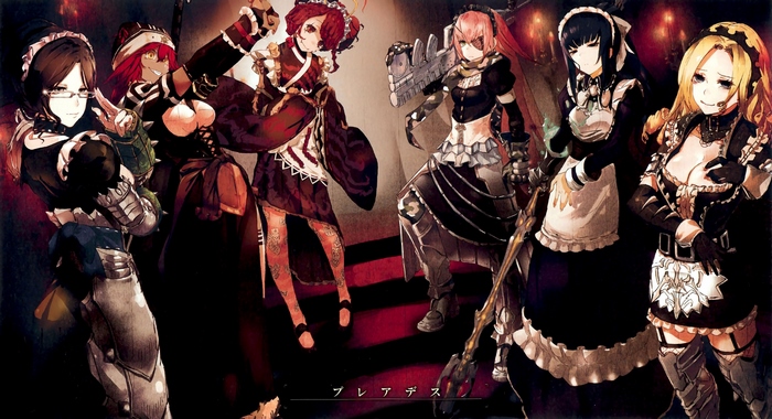 Six female characters in maid outfits from Overlord