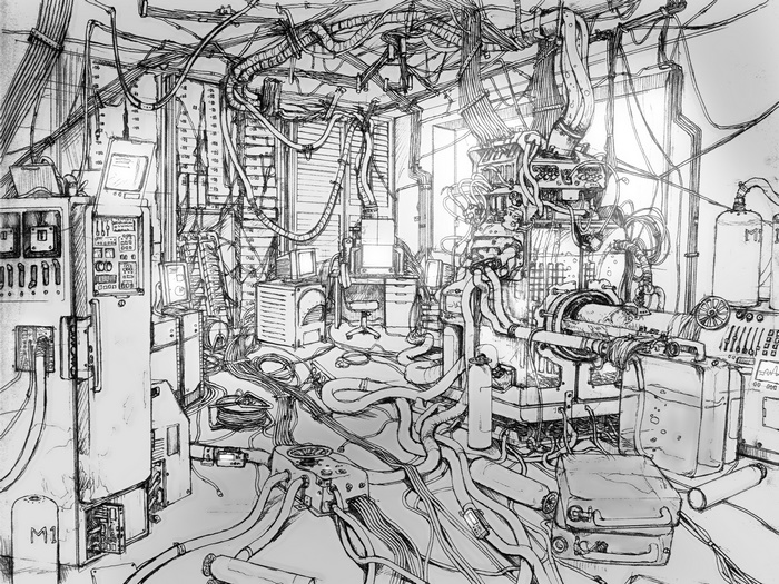 Lain Iwakura's cluttered laboratory with complex machinery