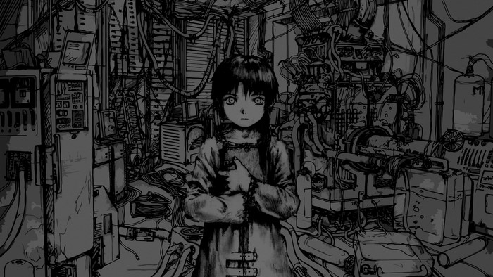 Lain Iwakura in a cluttered technological environment