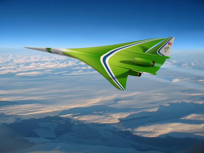 Green Supersonic Aircraft Flying Over Clouds