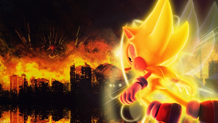 Super Sonic Glowing with Fiery Cityscape