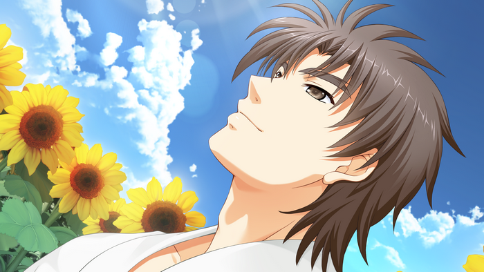 Man looking up at the sky with sunflowers
