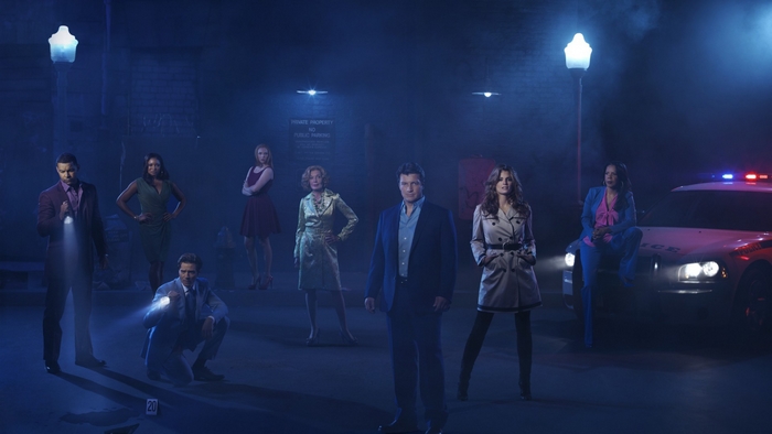 Richard Castle and cast in a dark alley