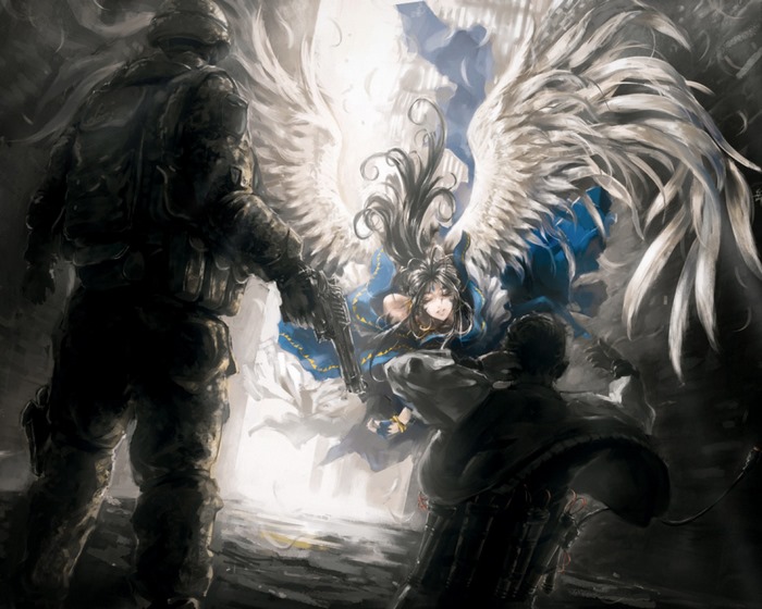 Belldandy from Ah! My Goddess with soldiers