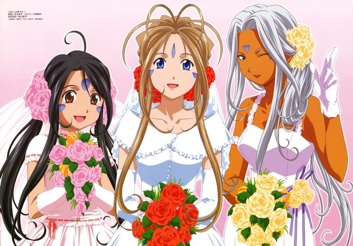Three women in wedding dresses with bouquets