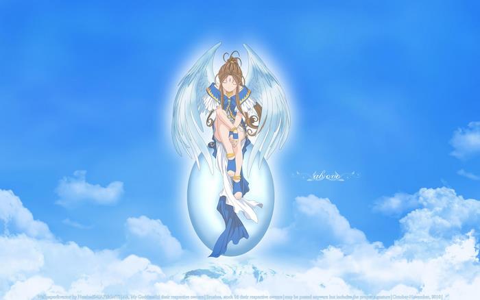 Belldandy from Ah! My Goddess sitting in the sky