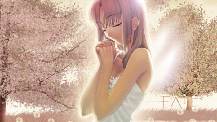 Belldandy from Ah! My Goddess praying under cherry blossoms