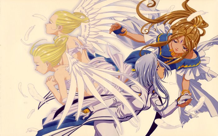 Four angels with wings in anime style
