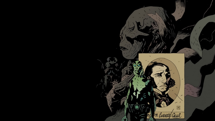 Abe Sapien and a portrait of Everett Caul