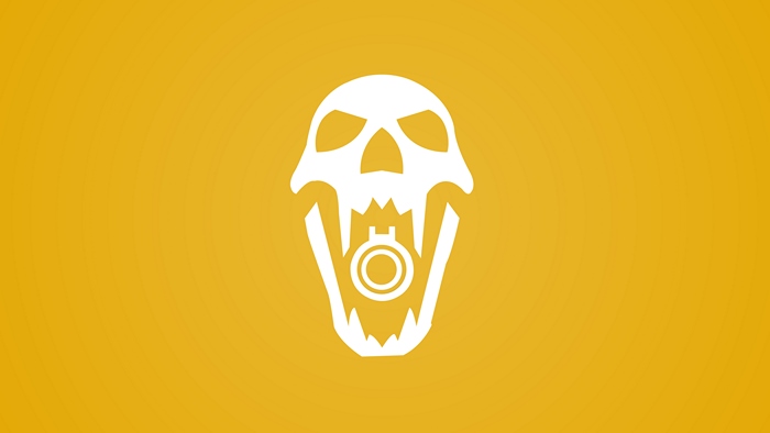 White skull logo with a ring in its mouth on a yellow background