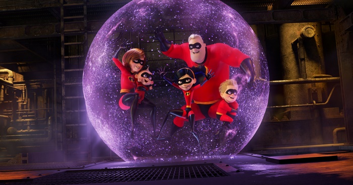 The Incredibles family inside a purple force field