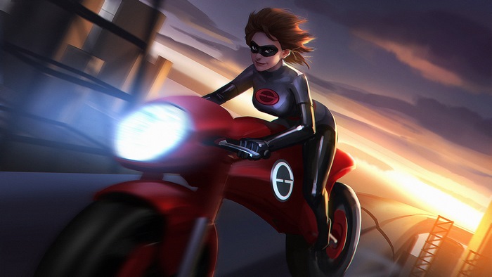 Elastigirl from The Incredibles riding a motorcycle