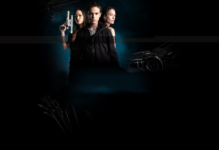 Sarah Connor with futuristic vehicle and weapons