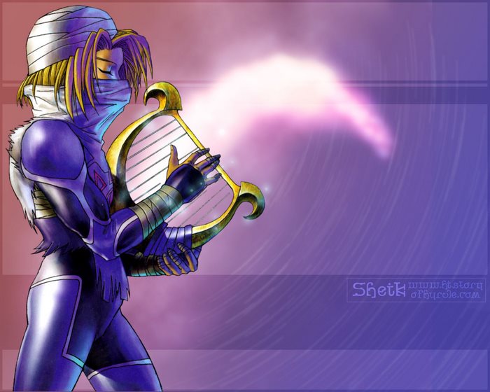 Sheik from The Legend of Zelda playing a harp