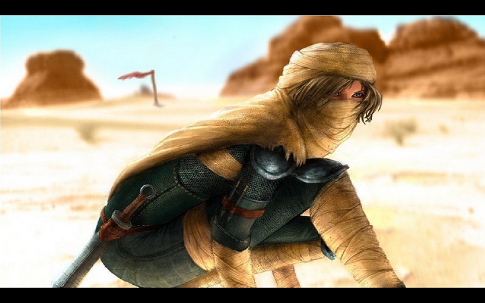 Sheik from The Legend of Zelda in a desert