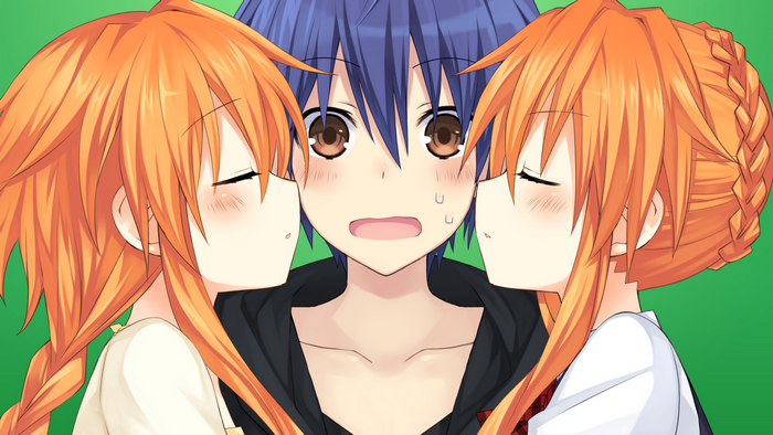 Shido Itsuka with two orange-haired girls