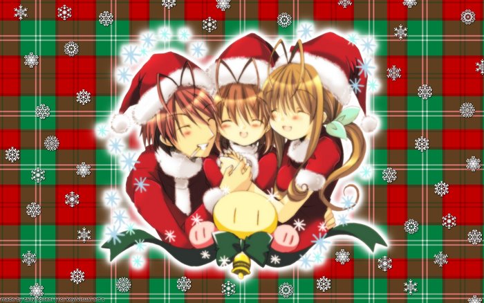 Three anime characters in Santa hats