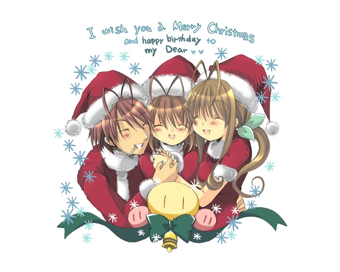 Anime characters in Santa outfits with Christmas decorations