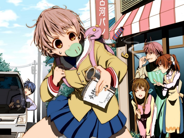 Girl with pacifier and friends outside bakery