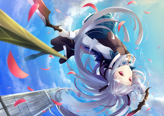Julie Sigtuna with sword against blue sky