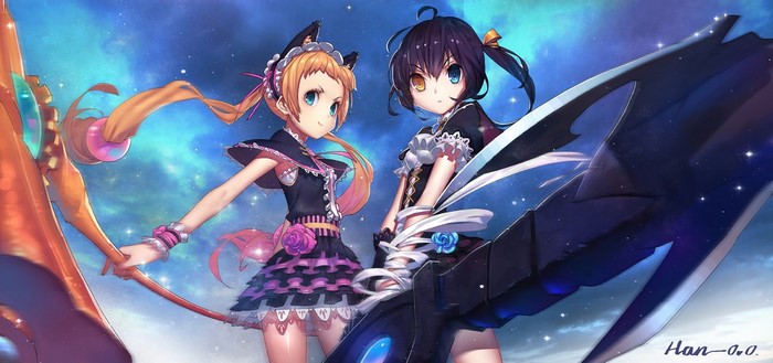 Two anime girls with weapons in a starry sky