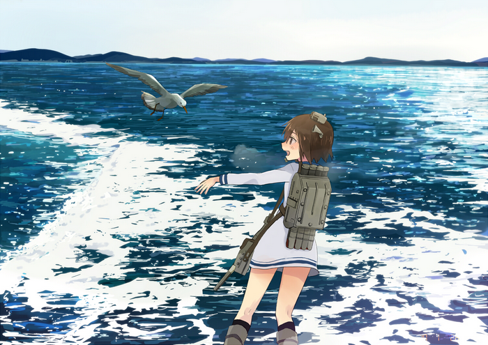 Yukikaze from Kantai Collection feeding a seagull