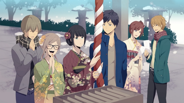 Group of friends at a shrine in winter