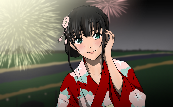 Chizuru Hishiro in a Yukata with Fireworks
