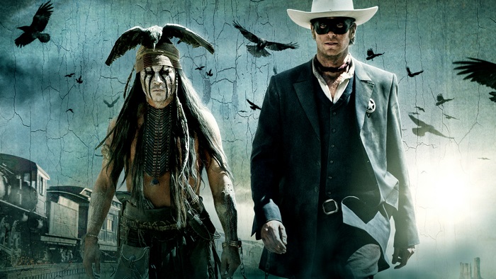 The Lone Ranger and Tonto with crows and train