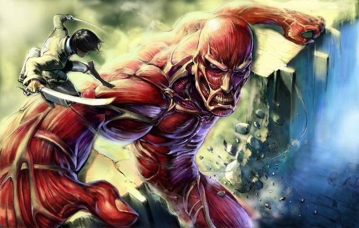 Colossal Titan and Mikasa Ackerman from Attack on Titan