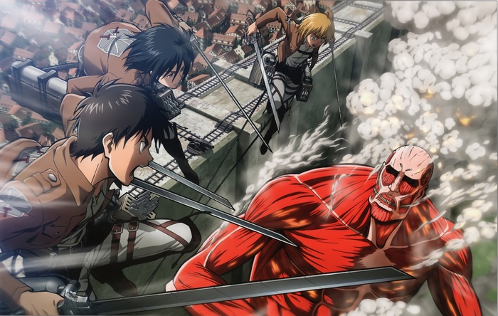 Attack on Titan characters fighting Colossal Titan