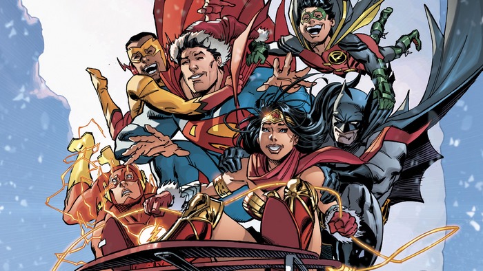 Justice League characters on a sleigh