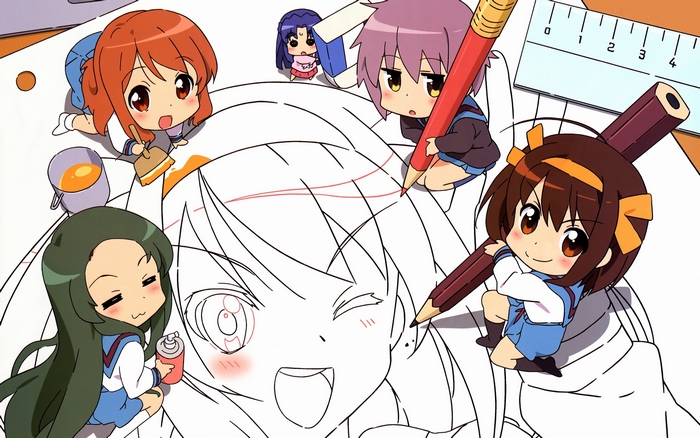 Chibi characters drawing a large anime character