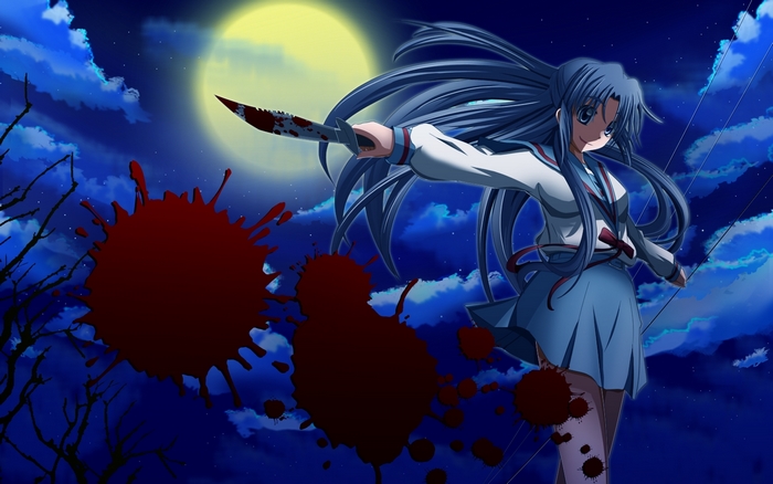 Ryōko Asakura with bloody knife under the moon